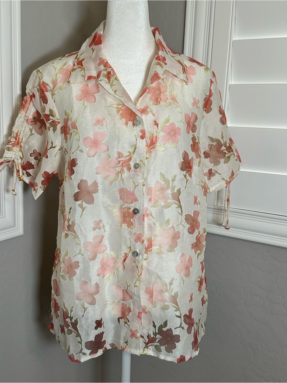 Bundle 4/$25 Susan Graver Cream Button-Front Top with Pink Floral Print